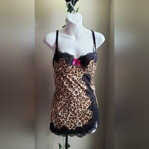 🐆La Senza Leopard Print Lace Trim Chemise with Pink Bow Detail - Size Large